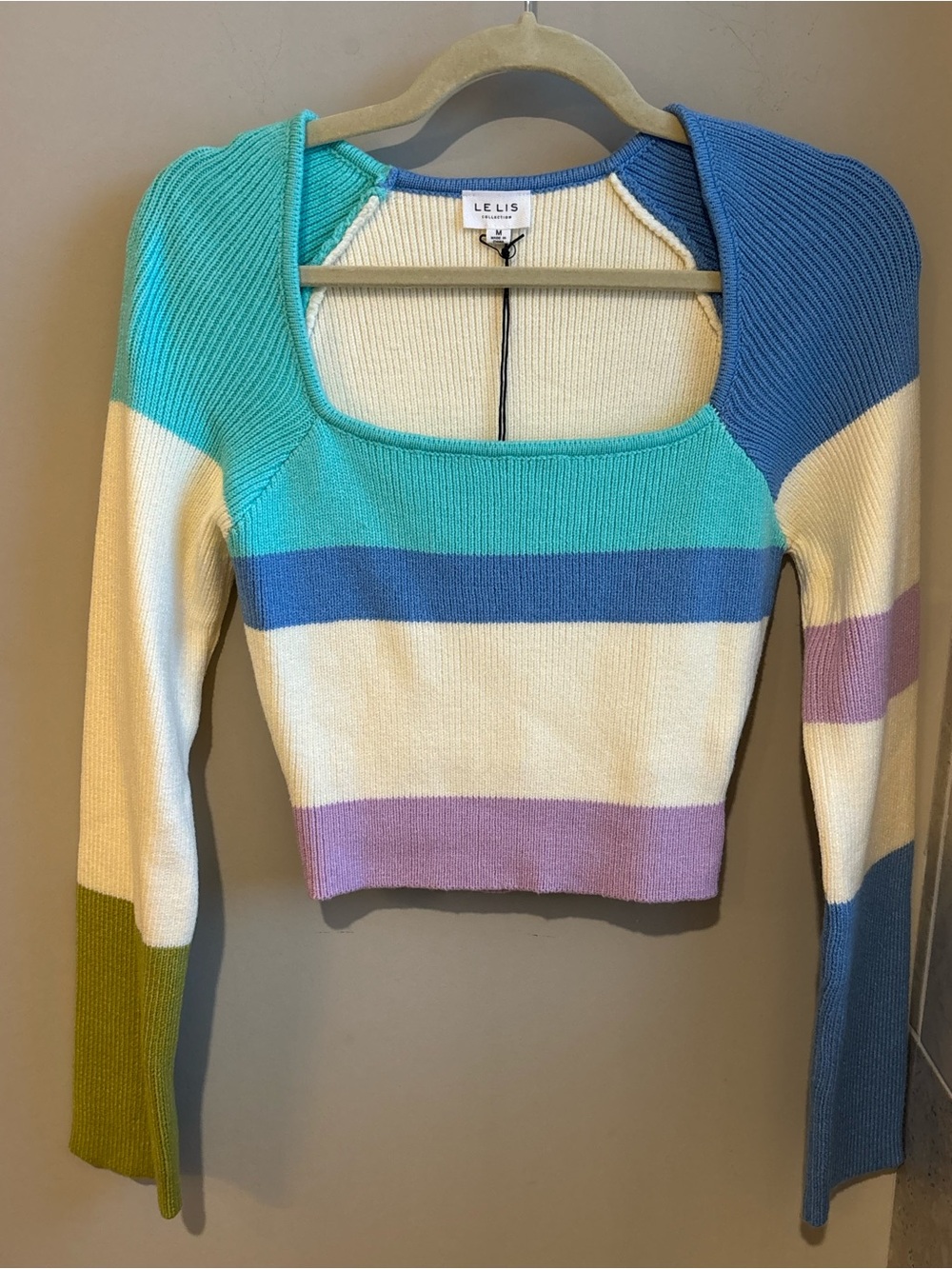 LE LIS Multicolor Striped Square-Neck Cropped Knit Sweater
